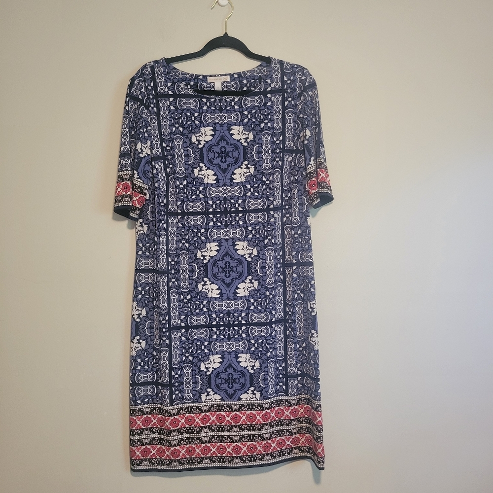 Westport Jersey Knit Shift Dress Blue and Red Size 14